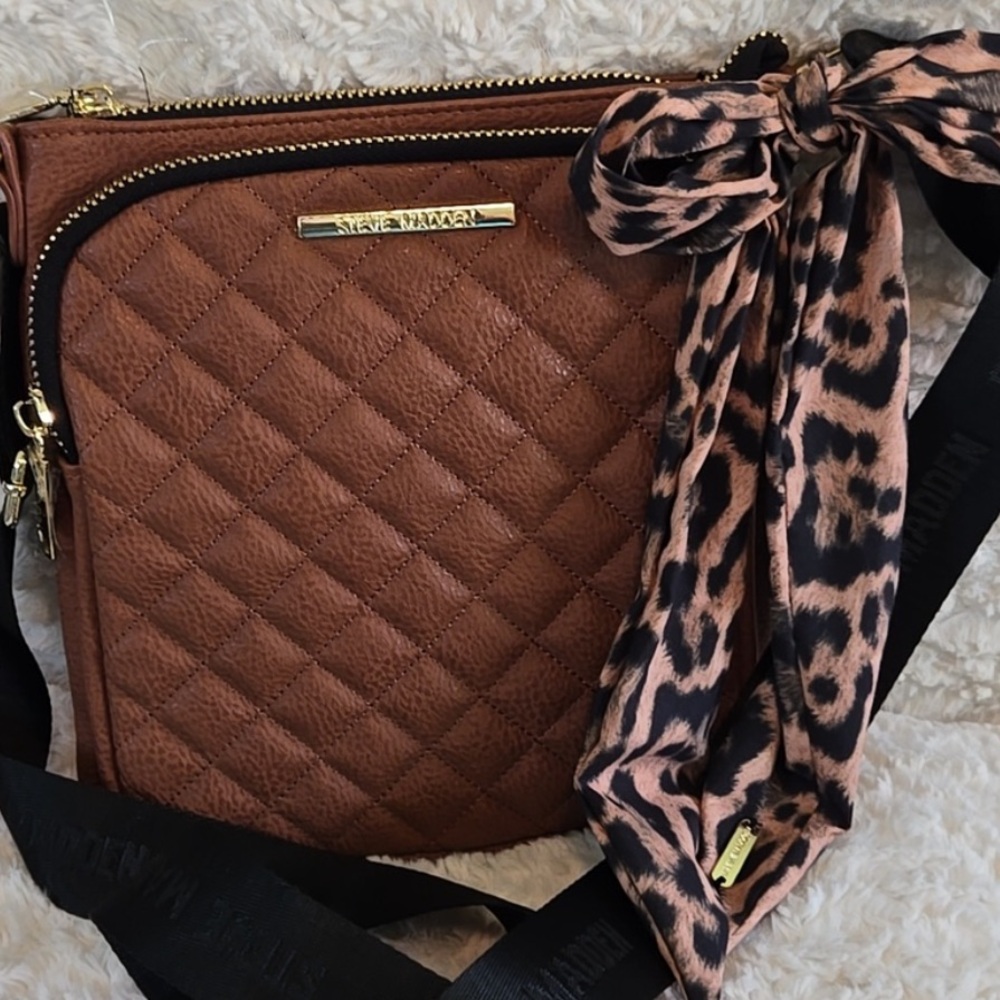 Steve Madden Quilted Brown Bag with Leopard Scarf